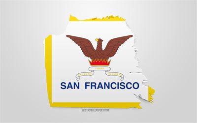 San Francisco la carte de la silhouette, 3d drapeau de San Francisco, ville Am&#233;ricaine, art 3d, San Francisco 3d drapeau, Californie, etats-unis, San Francisco, la g&#233;ographie, les drapeaux des villes des &#233;tats-unis