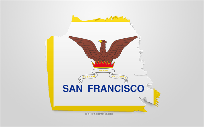 San Francisco mapa de la silueta, 3d de la bandera de San Francisco, la ciudad de Am&#233;rica, arte 3d, San Francisco 3d de la bandera, California, estados UNIDOS, San Francisco, la geograf&#237;a, las banderas de las ciudades de estados unidos