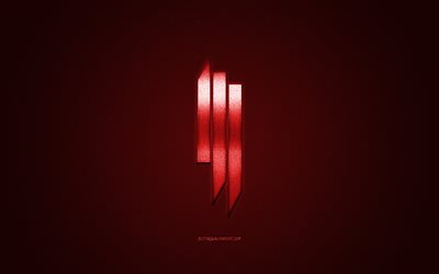 Skrillex-logo, punainen kiilt&#228;v&#228; logo, Skrillex metalli-tunnus, Amerikkalainen DJ, Sonny John Moore, punainen hiilikuitu rakenne, Skrillex, merkkej&#228;, creative art