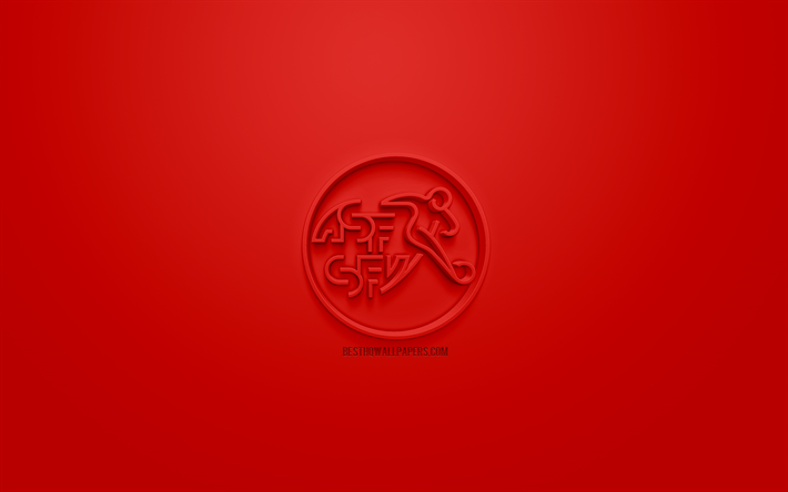 schweiz national football team, kreative 3d-logo, roter hintergrund, 3d emblem, die schweiz, europa, die uefa, 3d-kunst, fu&#223;ball, stylische 3d-logo