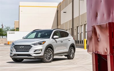 4k, Hyundai Tucson, parking, 2019 voitures, blanc Tucson, v&#233;hicules multisegments, 2019 Hyundai Tucson, les voitures cor&#233;ennes, Hyundai
