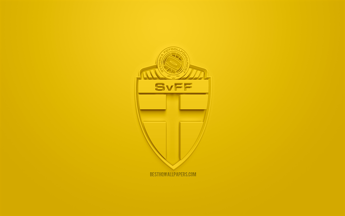 スウェーデン国立サッカーチーム, 創作3Dロゴ, 黄色の背景, 3dエンブレム, スウェーデン, 欧州, UEFA, 3dアート, サッカー, お洒落な3dロゴ