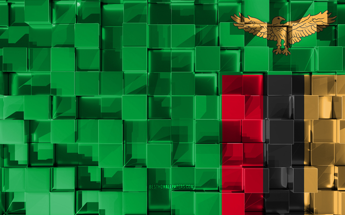 Flag of Zambia, 3d flag, 3d cubes texture, Flags of African countries, 3d art, Zambia, Africa, 3d texture, Zambia flag