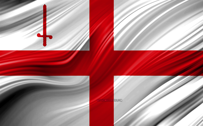 4k, City of London flag, english counties, 3D waves, Flag of City London, Counties of England, City of London County, administrative districts, Europe, England, City of London