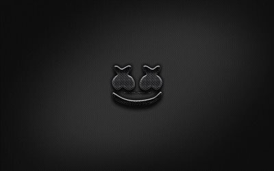 DJ Marshmello black logo, superstars, creative, metal grid background, DJ Marshmello logo, music stars, DJ Marshmello
