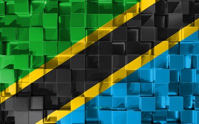 Bandiera della Tanzania, 3d, bandiera, cubetti di grana, le Bandiere dei paesi Africani, 3d arte, Tanzania, Africa, texture 3d, Tanzania bandiera