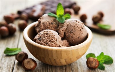 チョコレートアイスクリーム, 4k, お菓子, マクロ, 甘いもの冷凍食品, アイスクリーム