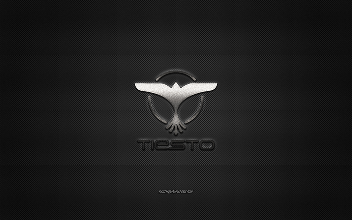 Tiesto logo, gray shiny logo, Tiesto metal emblem, Dutch DJ, Tijs Michiel Verwest, gray carbon fiber texture, Tiesto, brands, creative art, Dj Tiesto