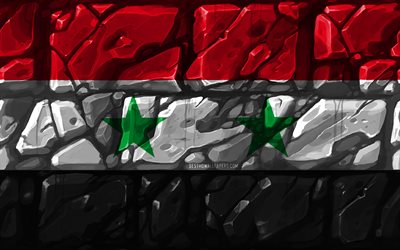 العلم السوري, brickwall, 4k, البلدان الآسيوية, الرموز الوطنية, علم سوريا, الإبداعية, سوريا, آسيا, سوريا 3D العلم