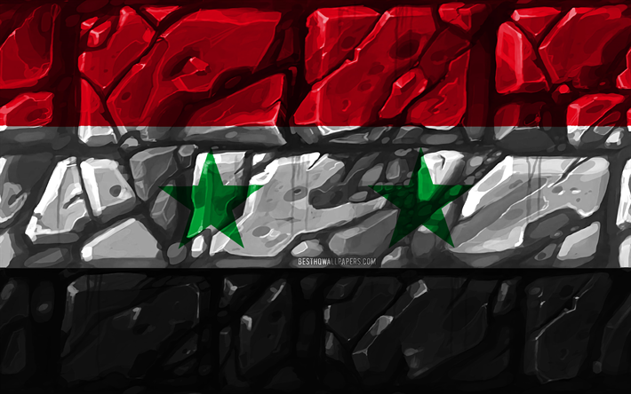 Syriska flaggan, brickwall, 4k, Asiatiska l&#228;nder, nationella symboler, Flaggan i Syrien, kreativa, Syrien, Asien, Syrien 3D-flagga