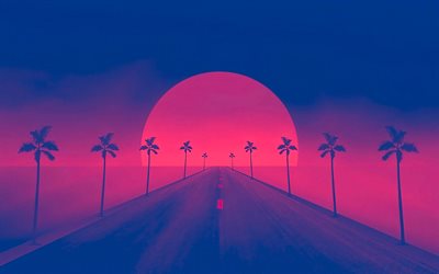 road to sun, 4k, abstract sunset, digital art, creative, palm trees, abstract art