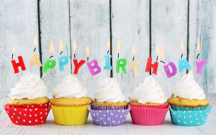 Happy Birthday, cupcakes with candles, 4k, birthday cakes, Birthday Party, creative, Birthday concept, cupcakes