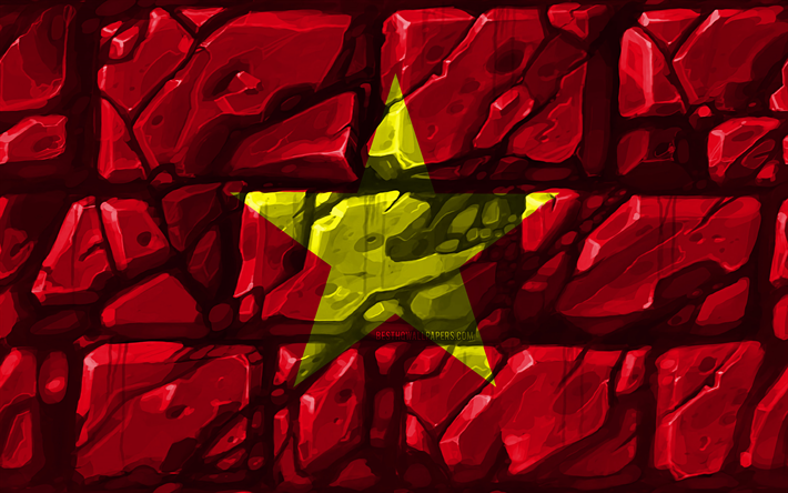 Vietnamese flag, brickwall, 4k, Asian countries, national symbols, Flag of Vietnam, creative, Vietnam, Asia, Vietnam 3D flag