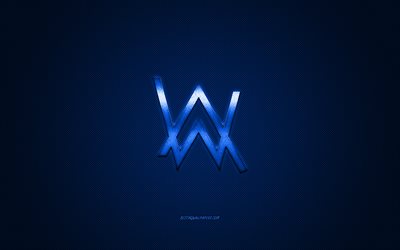 Alan Walker, logo, bleu brillant logo, embl&#232;me m&#233;tallique, norv&#233;gien DJ, bleu en fibre de carbone texture, marques, art cr&#233;atif