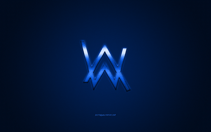 Alan Walker, logo, bleu brillant logo, embl&#232;me m&#233;tallique, norv&#233;gien DJ, bleu en fibre de carbone texture, marques, art cr&#233;atif