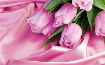 rosas com tecido de seda, 4k, buqu&#234; de rosas, rosas cor-de-rosa, bokeh, flores cor de rosa, rosas, cor-de-rosa de cetim