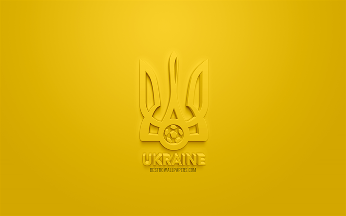 أوكرانيا المنتخب الوطني لكرة القدم, الإبداعية شعار 3D, خلفية صفراء, 3d شعار, أوكرانيا, أوروبا, الاتحاد الاوروبي, الفن 3d, كرة القدم, أنيقة شعار 3d