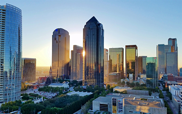 Dallas, 4k, modern buildings, sunset, Texas, USA, american cities, America, Dallas at evening, HDR, City of Dallas, Cities of Texas