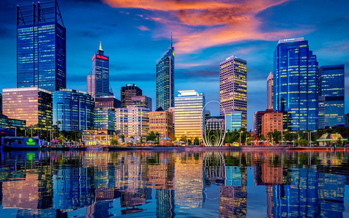 Perth, Australia, rascacielos, ciudad moderna, tarde, puesta de sol, paisaje de la ciudad de Perth, Australia Occidental