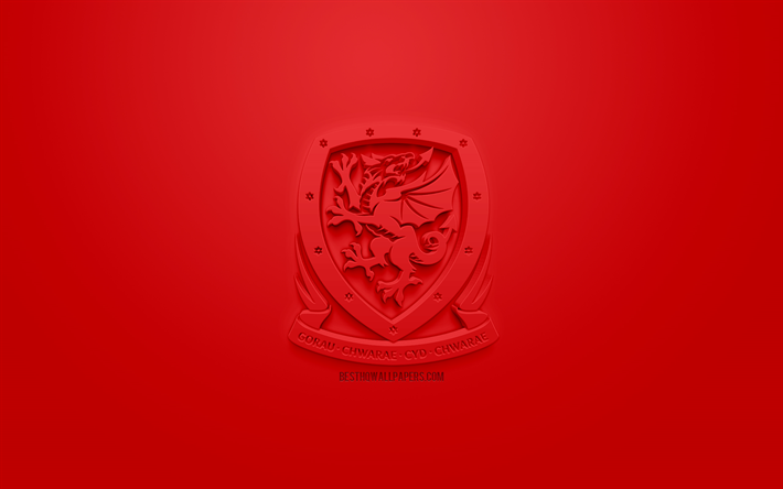 ウェールズサッカーチーム, 創作3Dロゴ, 赤の背景, 3dエンブレム, ウェールズ, 欧州, UEFA, 3dアート, サッカー, お洒落な3dロゴ