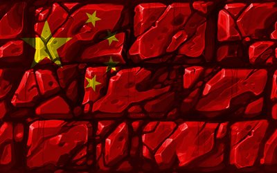 Kinesisk flagga, brickwall, 4k, Asiatiska l&#228;nder, nationella symboler, Flaggan i Kina, kreativa, Kina, Asien, Kina 3D-flagga