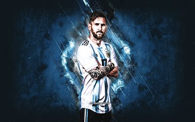 Lionel Messi, Argentina national football team, Argentinian soccer player, striker, blue creative background, Argentina, soccer, Messi