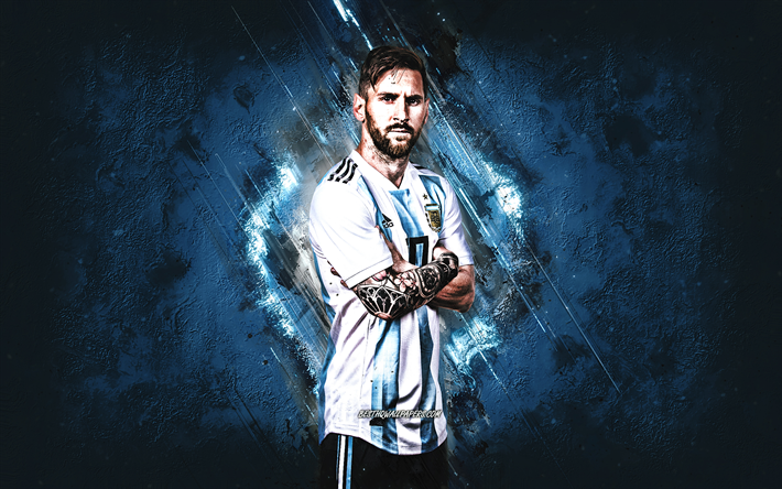 Lionel Messi, Argentiinan jalkapallomaajoukkue, Argentiinalainen jalkapalloilija, hy&#246;kk&#228;&#228;j&#228;, sininen luova tausta, Argentiina, jalkapallo, Messi