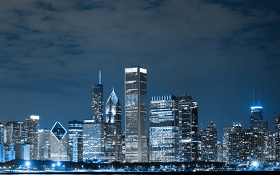 Chicago, 4k, moderneja rakennuksia, amerikan kaupungit, Illinois, nightscapes, Amerikassa, Chicago y&#246;ll&#228;, USA, Kaupungin Chicago, Kaupungit Illinois