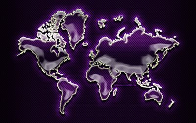 le verre de la carte du monde, fond violet, carte du monde, concept, illustration, cr&#233;atif, violet carte du monde, art 3D, de l&#39;art abstrait, des cartes du monde