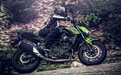Kawasaki Z400, 2019, sports bike, new green Z400, woman on motorcycle, japanese sportbike, Kawasaki