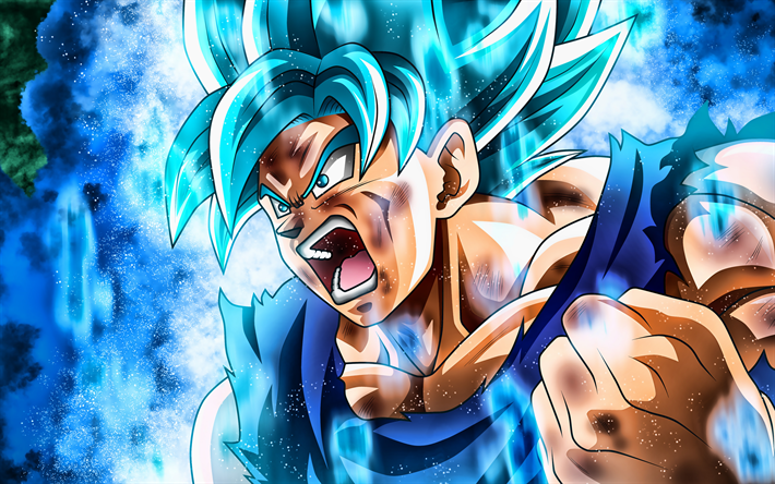 A Raiva Son Goku, 4k, azul chamas, batalha, Super Saiyan Azul, DBS caracteres, obras de arte, DBS, Super Saiyan Deus, a ira de goku, Son Goku, Dragon Ball Super, mang&#225;, Dragon Ball, Goku