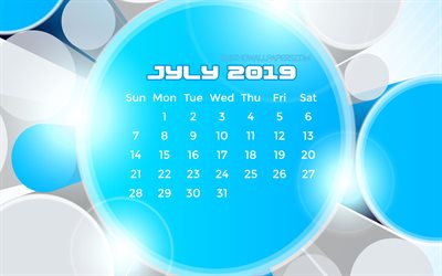 تموز / يوليو 2019 التقويم, 4k, الأزرق مجردة الدوائر, 2019 التقويم, تموز / يوليو 2019, الإبداعية, الفن التجريدي, التقويم يوليو 2019, العمل الفني, 2019 التقويمات