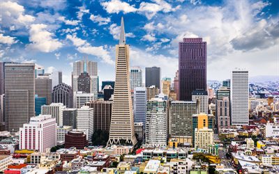 San Francisco, 4k, kes&#228;ll&#228;, amerikan kaupungit, California, HDR, moderneja rakennuksia, Amerikassa, San Franciscon siluettia, USA, Kaupungin San Francisco, Kaupungeissa Kaliforniassa