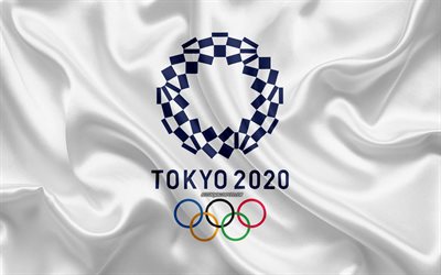 2020 die olympischen sommerspiele, logo, 4k, seide textur, spielen der xxxii olympiade tokio 2020, das neue emblem, japan