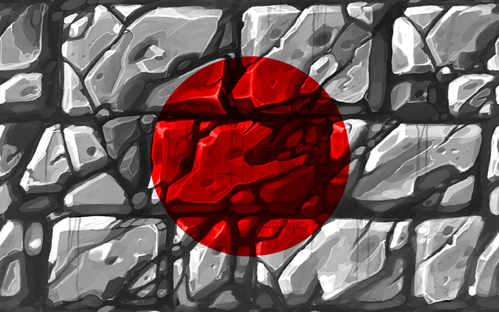 العلم الياباني, brickwall, 4k, البلدان الآسيوية, الرموز الوطنية, علم اليابان, الإبداعية, اليابان, آسيا, اليابان 3D العلم