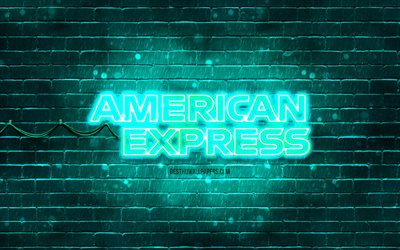 American Express turquoise logo, 4k, turquoise brickwall, American Express logo, brands, American Express neon logo, American Express