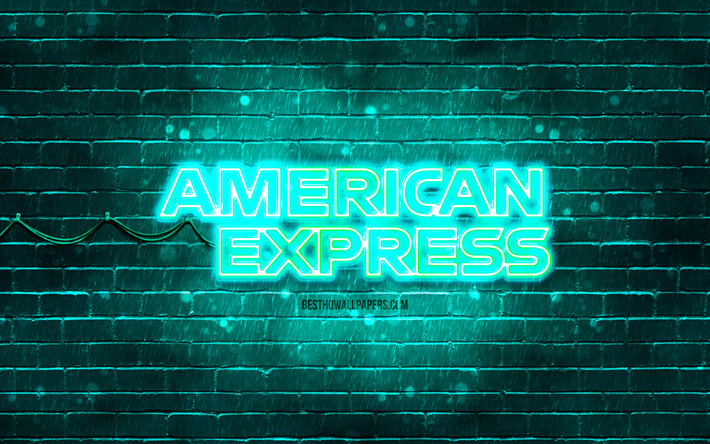 logo turchese american express, 4k, muro di mattoni turchese, logo american express, marchi, logo neon american express, american express