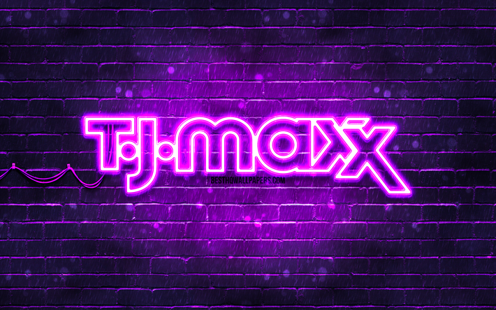 tj maxx violett logotyp, 4k, violett tegelv&#228;gg, tj maxx logotyp, varum&#228;rken, tj maxx neon logotyp, tj maxx