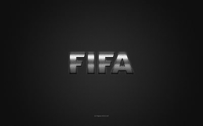 FIFA logo, silver shiny logo, FIFA metal emblem, gray carbon fiber texture, FIFA, brands, creative art, FIFA emblem