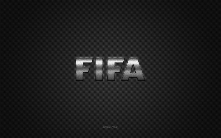 fifa-logo, silbergl&#228;nzendes logo, fifa-metallemblem, graue kohlefaserstruktur, fifa, marken, kreative kunst, fifa-emblem