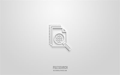 icona 3d di ricerca file, sfondo bianco, simboli 3d, ricerca file, icone della tecnologia, icone 3d, segno di ricerca file, icone 3d della tecnologia