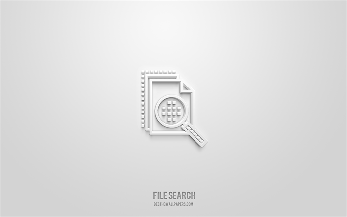 icona 3d di ricerca file, sfondo bianco, simboli 3d, ricerca file, icone della tecnologia, icone 3d, segno di ricerca file, icone 3d della tecnologia