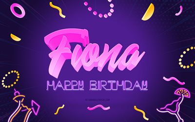 joyeux anniversaire fiona, 4k, purple party background, fiona, art cr&#233;atif, fiona nom, fiona anniversaire, f&#234;te d anniversaire fond