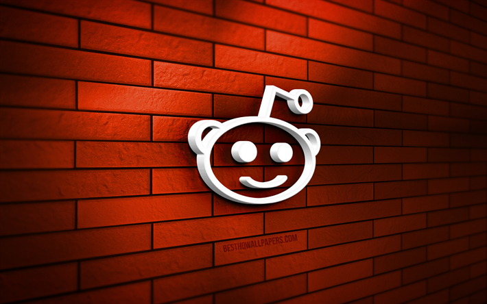logo reddit 3d, 4k, muro di mattoni arancione, creativo, social network, logo reddit, arte 3d, reddit