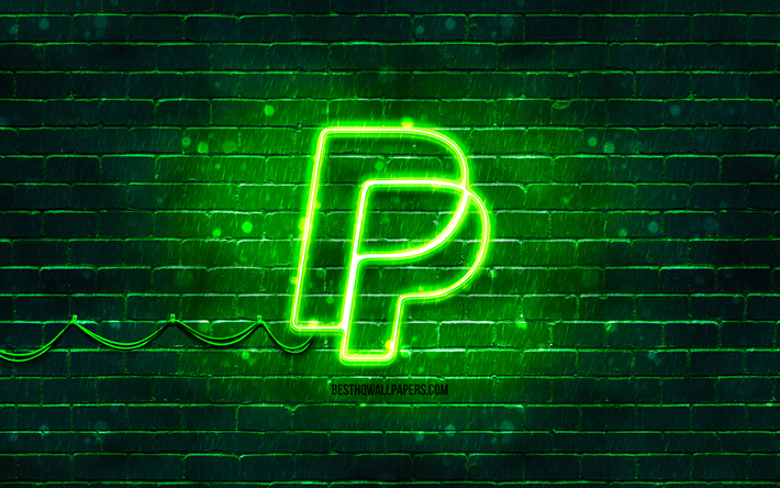 PayPal green logo, 4k, green brickwall, PayPal logo, payment systems, PayPal neon logo, PayPal