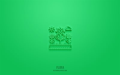 Flora 3d icon, green background, 3d symbols, Flora, ecology icons, 3d icons, Flora sign, ecology 3d icons