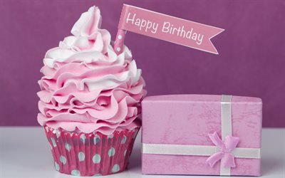 Feliz Cumplea&#241;os, cupcake, festivo pasteles, velas, pastel