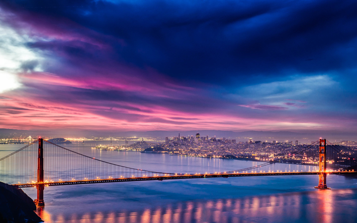 4k, جسر البوابة الذهبية, nightscapes, سان فرانسيسكو, الولايات المتحدة الأمريكية, أمريكا