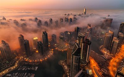 Dubai, fog, skyscrapers, morning, UAE, United Arab Emirates