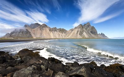 Islanti, Vestrahorn, rannikolla, vuoret, aallot